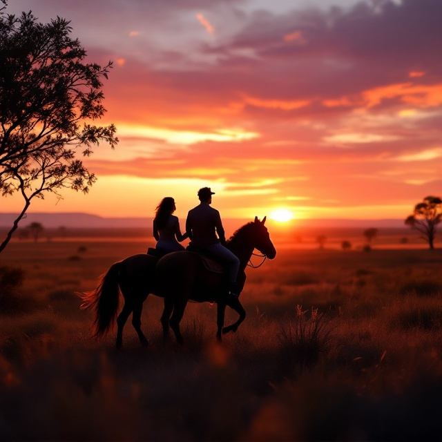 A silhouette of a couple on horseback riding against the backdrop of a stunning Australian sunset. The sprawling landscape shows eucalyptus trees and the open plains, creating a sense of longing and adventure. The horizon is highlighted by warm shades of orange, pink, and purple.