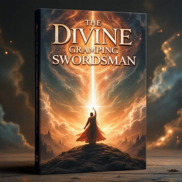 A dynamic image of a lone swordsman with an ethereal glow around him stands in the center, grasping a divine sword raised towards the sky. The background is filled with swirling clouds and faint silhouettes of mythical landscapes, evoking a sense of power and otherworldly strength. Overhead, the sky blazes with the hues of a setting sun, casting a warm, desirous glow on the scene.