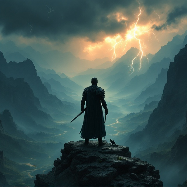 A dramatic silhouette of a warrior standing atop a cliff, looking over a vast, mystical landscape of valleys and mountains. A stormy sky with flashes of lightning casts a dynamic light, highlighting the warrior's polished armor and weapon. Emerging from the shadows are faint outlines of mythical creatures, subtly hinting at a world of adventure and danger.