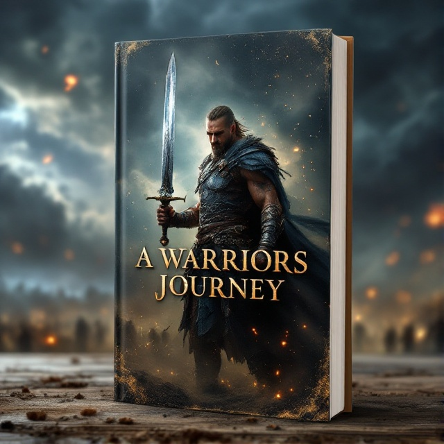 A fierce, battle-worn warrior stands confidently at the center of the cover, holding a gleaming sword raised high. The background depicts a stormy battlefield with dark, swirling clouds and faint silhouettes of opposing forces. Dust and sparks fly around the warrior, highlighting movement and vitality.