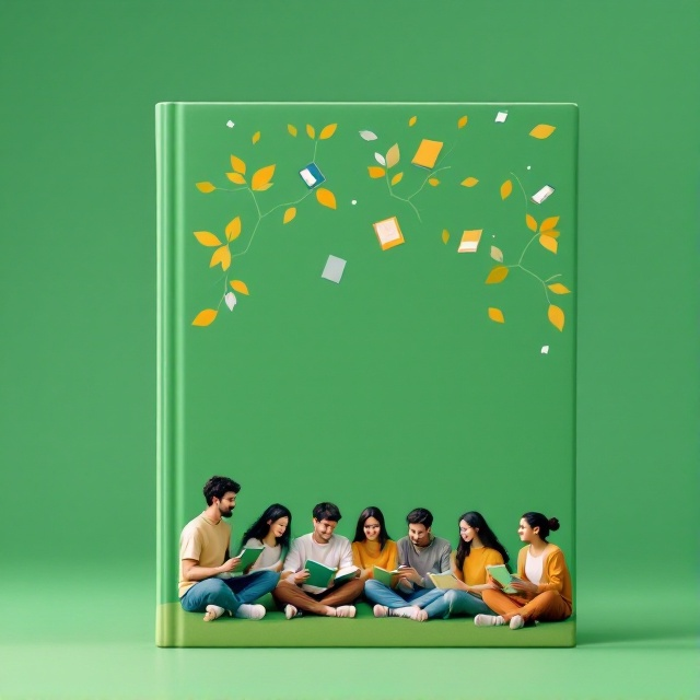 A serene green background featuring a group of diverse students gathered under a stylized tree with vibrant branches symbolizing growth and learning. The students appear to be in motion, engaging in various calming activities like reading, meditating, or simply conversing. Soft, abstract illustrations of books and digital technology icons subtly embedded in the tree branches.