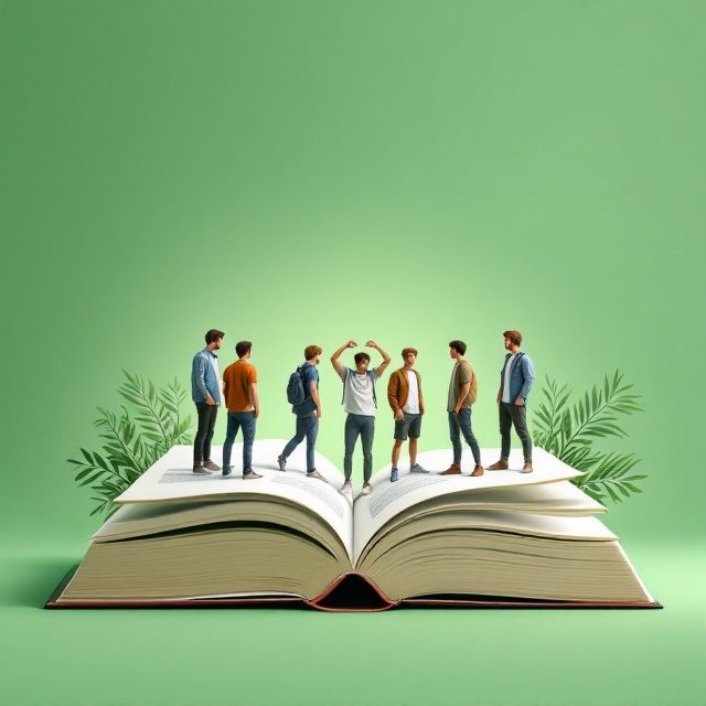 A group of teenage boys standing on and around a large open book, surrounded by a gradient green background symbolizing growth and calmness. The scene is animated with subtle shadows and highlights to give a dynamic feel.