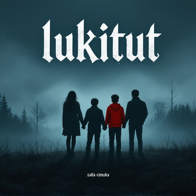 A desolate, misty landscape with a group of four silhouetted figures standing in the foreground. One figure, a girl, is slightly transparent and fading away from the scene, symbolizing her separation. Among the group of three, one boy is highlighted in a vivid red, contrasting against the muted tones of the others. The three linked hands create a poignant and tense atmosphere. The background is an eerie twilight sky, amplifying the haunting mood.