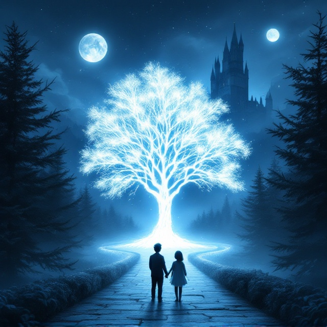 The cover showcases a central glowing white tree set amidst a misty pathway lined with shadowy evergreen trees. In the background draws focus a towering castle with multiple spires, casting a dramatic silhouette against a night sky adorned with two luminous moons. In the foreground, a boy with short hair and modest attire and a girl in a light, flowing outfit stand together, gazing at the tree. The scene envelops a blue color palette that enhances the aura of mystery and enchantment.