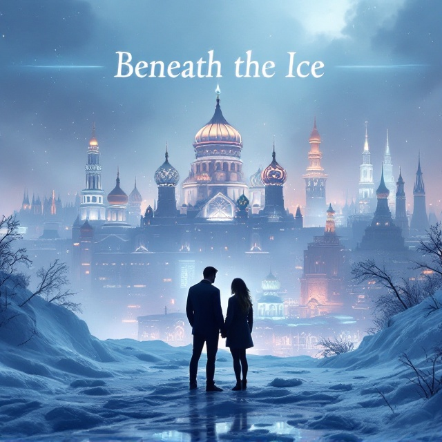A sweeping view of a futuristic Russian cityscape, shrouded in grey mists and illuminated with neon lights casting a soft, colorful glow. In the foreground, two figures, a man and a woman, stand close together on an icy surface, their silhouettes intimately intertwined. The skyline in the background includes domes and spires reminiscent of classic Russian architecture but with a sci-fi twist, showcasing advanced buildings with holographic projections.
