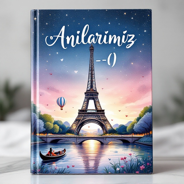 The cover features an artistic, hand-drawn Eiffel Tower at the center, with a gondola floating gently on a river in the foreground. A hot air balloon drifts in the sky, depicted in soft pastel colors. The background showcases a starry night sky that transitions into a serene pastel gradient of pink, blue, and lavender, resembling a watercolor painting. The dreamy ambiance is captured through detailed, romantic lines and textures, with small elements like hearts and flowers subtly integrated into the scene to enhance romance and nostalgia.