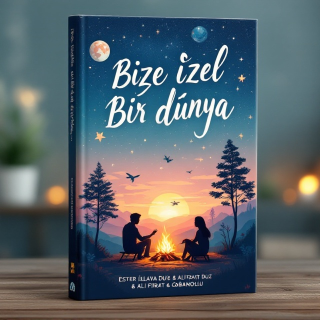 The book cover features a serene starry night sky as the backdrop, with a romantic illustration of silhouettes of a couple sitting by a cozy campfire at the center. Travel icons like a globe, plane, and map are subtly integrated around them. A faint cat paw print is present at the bottom corner to add a personal touch. The palette consists of soft pastel colors, including soothing blues, gentle pinks, and warm yellows, creating a harmonious blend that reflects both nostalgia and adventure.