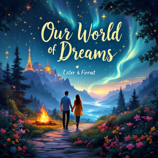 The cover depicts a couple walking hand-in-hand along a luminescent pathway that winds through lush greenery filled with vibrant flowers. Above them, the night sky is illustrated with swirling constellations of iconic travel landmarks, including the Eiffel Tower, Machu Picchu, and the Northern Lights. A cozy campfire glows near them, adding warmth. A subtle cat paw print is embossed discreetly in the corner, adding a personal touch. Pastel colors transition smoothly into deeper hues as the sky dissolves into a dreamlike blend of blues, purples, and hints of gold. The couple is embraced by a gentle aurora-like glow symbolizing hope and connection.