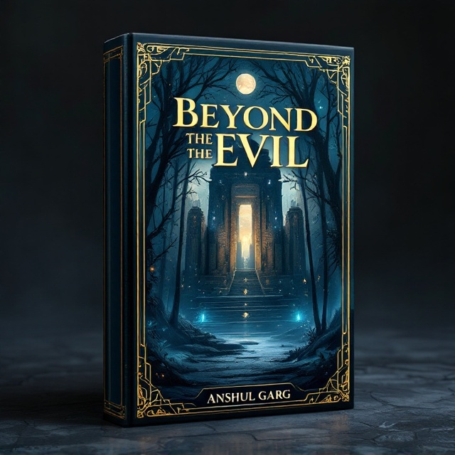 The cover features a haunting illustration of ancient Indian ruins partially veiled in mist, surrounded by tall, ethereal trees. Mystical symbols hover subtly around the ruins with subtle bluish and gold glows. Thick, ornate borders in bronze frame the composition, suggesting a gateway to another realm. In the distance, a dimly lit moon casts a reflective glow on the structure, enhancing the mysterious ambiance.