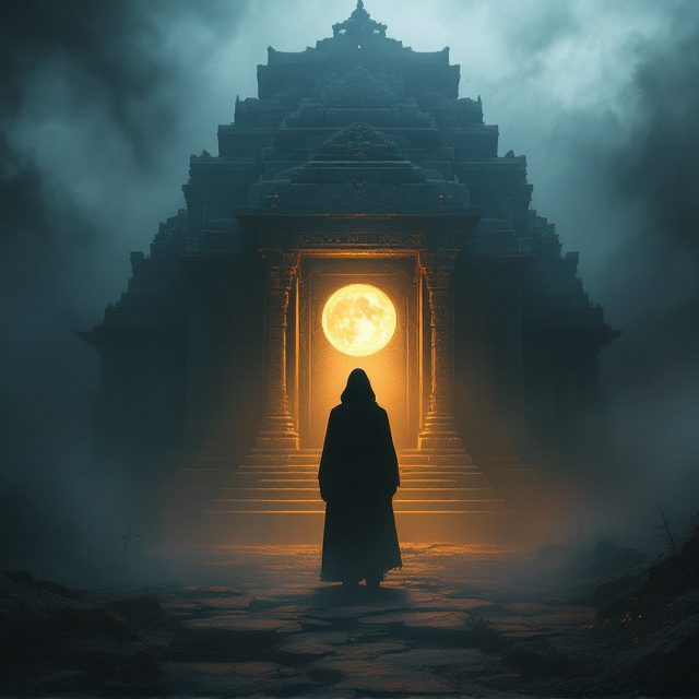 A shadowy silhouette stands enigmatically before an ancient Indian temple, shrouded in swirling mist. A faint glowing light emanates from an inscription on the temple stone, casting eerie moonlight across the scene. Deep reds, blacks, and golds create a moody and suspenseful atmosphere, while faint hints of traditional Indian patterns ghost in the background. Supernatural elements like ethereal figures with glowing eyes float subtly amidst the fog, hinting at mysteries yet to be unraveled.