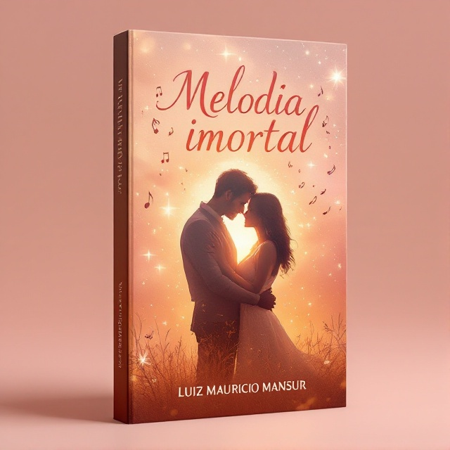 A silhouette of a couple embracing placed centrally, with a backdrop of musical notes floating through a dreamy, ethereal sky. Soft, warm tones of pink and gold wash over the background, suggesting passion and romance. Subtle hints of starlight twinkle throughout the cover, enhancing the feeling of an eternal, immortal connection.