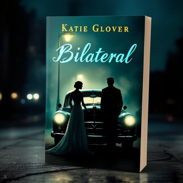 The cover features a dramatic and moody illustration of a vintage car parked under a dimly lit streetlamp. A bride and groom, both in silhouette, stand on opposite sides of the car, partially hidden in shadows to evoke mystery. The background is subtly blurred, suggesting a misty night with a hint of a cityscape in the background, creating an atmosphere of suspense.