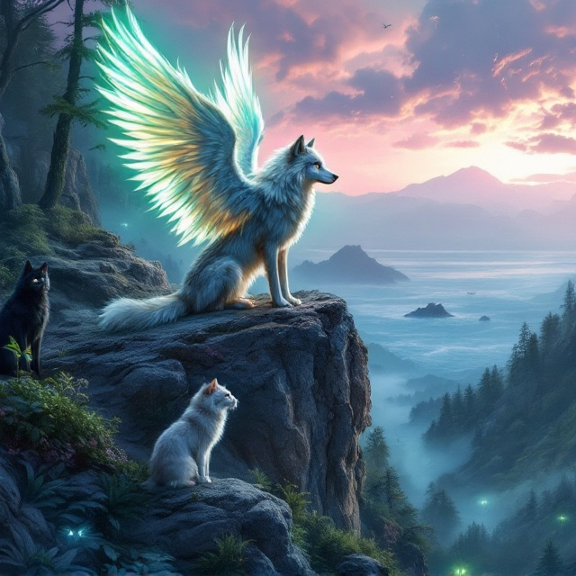 A captivating scene shows a winged wolf with luminous, feathered wings majestically positioned on a rugged cliff. The wolf looks introspective as it gazes over a sprawling forest that bleeds into a vast, mysterious ocean. In the background, a silver tabby cat sits on one side, while a sleek, black wolf stands on the other. Hidden in the foliage below, a pair of glowing catlike eyes peer out, adding intrigue to the forest. The sky transitions in shades of pink, blue, and purple, accented by the glints of silver and green reflecting off the ocean waves and tree leaves.