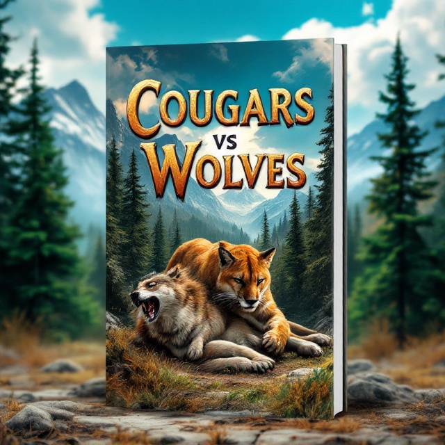 The cover features a dynamic scene in a dense forest clearing, with a vibrant sky above. The scene captures the intense struggle between the cougars and the wolves. In the foreground, a cougar pins down a snarling wolf, encapsulating the essence of their conflict. The backdrop includes majestic mountains and towering trees, painted in rich greens, blues, browns, and greys.