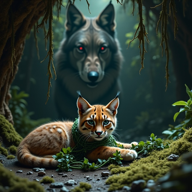 The cover captures the essence of a dark, suspenseful adventure. In the foreground, a lynx cub lies on its side, its paws intricately bound with thick green vines, conjuring a sense of tension. The cub’s fur contrasts against the dimly lit cave floor composed of earthy hues of brown and muddled greens of moss. The background reveals the outlines of a menacing wolf, its eyes gleaming with a sinister intent, partially obscured by curling roots that hang dramatically from the cave's ceiling.