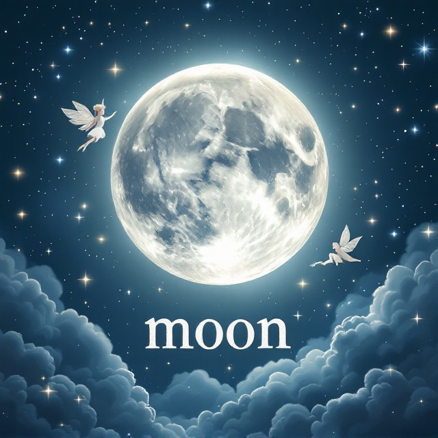 A large, glowing, silver moon centered against a midnight blue sky filled with twinkling stars. Silhouettes of whimsical creatures like pixies and dragons flying around the moon. Soft, diaphanous clouds meander across the top and bottom, adding layers of texture and magic. Hints of iridescent sparkles scatter around the edges of the cover to catch the reader's eye.
