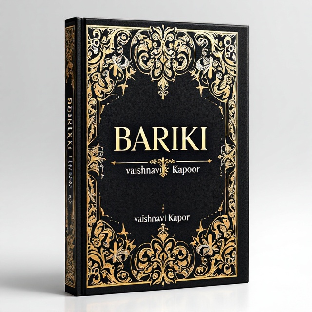The cover features an intricate pattern inspired by koftgari craft, with gold and silver metallic elements embossed on a sleek black background. The metallic inlay design flows gracefully, enveloping the title "BARIKI" in an ornate frame that exudes opulence and sophistication.