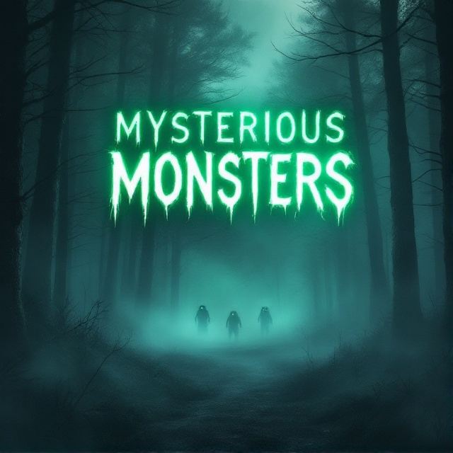 A dark forest shrouded in mist occupies the background, with tall, shadowy trees creating an ominous atmosphere. Emerging from the forest's depths are vague, chilling silhouettes of monstrous figures, with glowing eyes peering through the fog. In the foreground, tendrils of mist creep along the ground, adding suspense and mystery.