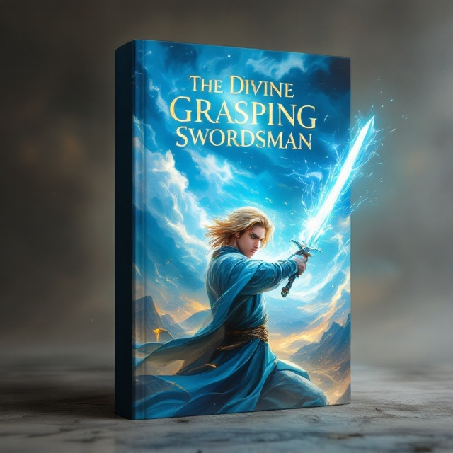 A dynamic scene featuring a young man with shoulder-length blonde hair in the foreground, heroically wielding a brilliantly glowing, divine sword. The background consists of a turbulent, mythical landscape with swirling clouds and distant mountains, implying an epic journey. The color palette includes vivid blues, golds, and silvers to reflect a celestial theme. The young man’s stance is wide and strong, conveying power and determination.