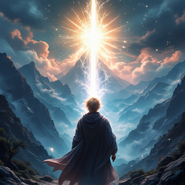 A mystical mountainous landscape serves as the backdrop, bathed in an ethereal twilight glow. In the forefront stands the far rear view of a young man with shoulder-length blonde hair. His posture is strong and resolute, gripping a radiant divine sword that emits a dazzling light, illuminating his figure and casting intricate shadows on the ground. Clouds swirl overhead, evoking a sense of impending adventure and divine strength.