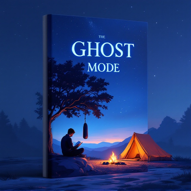 A serene night scene graces the cover, where a man sits cross-legged on a flat rock to the left, deeply focused on a book. A majestic tree stands watchfully over him, its branches extending to hold a lone boxing bag that sways lightly with an imaginary breeze. On the right, a cozy, inviting tent emits a warm glow, complementing the gentle flicker of a campfire, which casts soft shadows under the vast, starry sky. The sky gradates from a deep midnight blue to a calming, lighter hue on the horizon, embodying serenity and introspection.