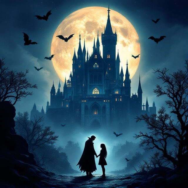 A mystical night scene with a grand, ancient castle in the background under a large, glowing full moon. Silhouettes of vampires with bat-like wings soar in the sky. In the foreground, a captivating and dramatic encounter between a vampire and a human girl is depicted, symbolizing their mutual temptation. The scene is enshrined in shadows and light to create an aura of intrigue and fascination.