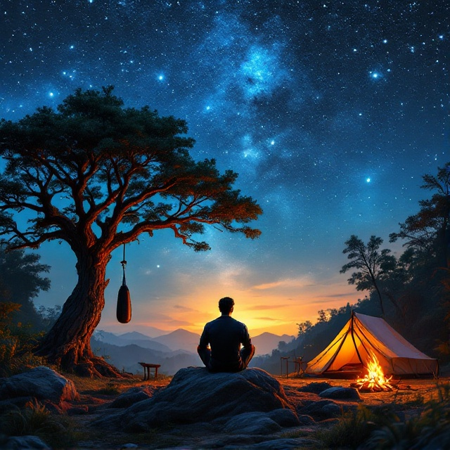 A man is positioned centrally, sitting on a rock under a mesmerizing starry sky in a deep jungle. To the left, a towering, robust tree features a punching bag swinging from its branch. On the right, a tent emits a warm light and a bonfire crackles gently, casting a welcoming glow. The sky transitions from a deep to a lighter blue, enveloping the scene in its calm embrace.