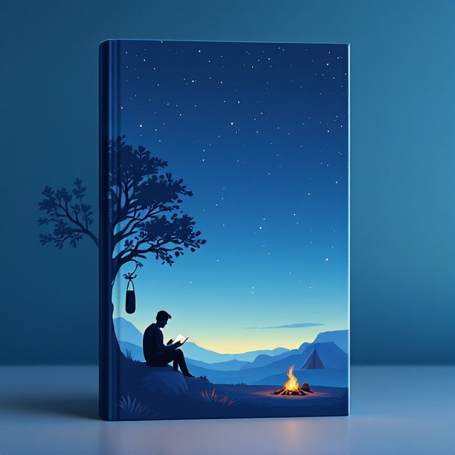 standing book mockup, Its title is ".".  A serene scene at night is depicted, with a man sitting on a rock reading under a starry sky. On the left, a sturdy tree with a boxing bag hanging from it symbolizes strength and resilience. To the right, a softly glowing bonfire and a tent suggest warmth and rest. The sky transitions smoothly from a deep blue at the top to a lighter blue near the horizon, evoking a sense of calm and focus. A clean, modern sans-serif font is chosen for the title, placed prominently at the top. The typeface is bold yet elegant, reflecting discipline and productivity., The book’s title is at the top, above the man and tree. The central imagery occupies the middle, with the tree on the left and the man sitting on the rock near the center, with a tent and bonfire to his right. The bottom area remains uncluttered for additional space if needed. The area where the author's name typically appears should be left completely blank, with no text or placeholder.