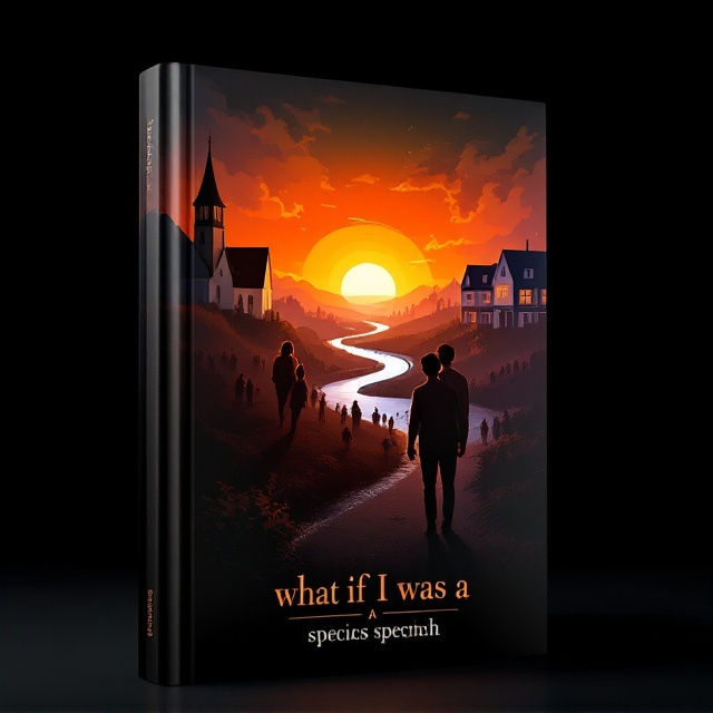 The cover features a panoramic scene split between two contrasting sides. On the right, a solitary church with its steeple reaching toward the sky sits bathed in the morning light. On the left, a familiar school building stands, its windows reflecting the dawn. In the background, a group of villagers gathered in clusters, depicted with soft outlines, creating a sense of distant gossip. A serpentine river flows diagonally across the midsection, creating a divide between the villagers and the protagonist, who stands in the foreground. Behind him, supportive figures of a mother and father with gentle smiles, as the protagonist steps towards a vibrant and hopeful sunrise on the horizon. The backdrop is a gradually brightening light black that subtly transitions into the hues of dawn.