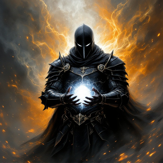 The cover features a man in complete black armor, positioned prominently to occupy most of the visual space, depicted in a three-quarters stance. The angular armor design is emphasized by sharp and detailed lines. He holds a glowing, ethereal white orb in his gauntleted hands, which provides a stark contrast to the dark armor. The background is a swirling storm of orange and grey hues, enhancing the mood of despair and darkness. The entire scene is rendered with intricate details akin to those found in classic Dungeons & Dragons' manuals.