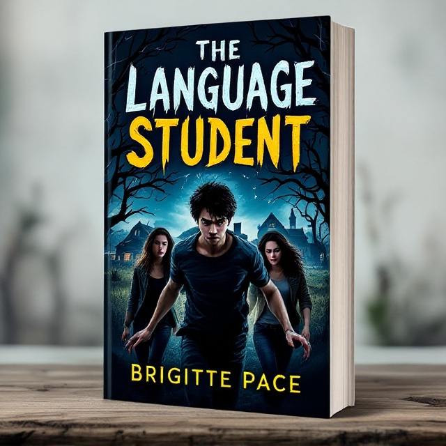 The cover features a dark, ominous night sky with twisted, eerie branches framing the edges. In the foreground, a tall teenage Japanese man with a tense expression is depicted in mid-motion, fleeing. Flanking him are two Caucasian women with expressions of fear and urgency. Behind them looms a silhouette of a rustic farm, partially obscured by shadows, suggesting hidden dangers.