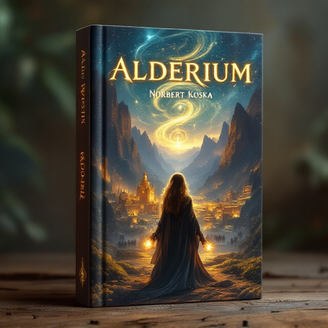 The cover features a captivating scene with a golden city nestled within steep, jagged mountains under a deep twilight sky. The swirling celestial lights illuminate the scene, casting an ethereal glow. In the foreground, Eleanor stands with her back to the viewer, holding a glowing relic. Her detailed fantasy attire includes intricate embroidery and a flowing cloak. In the distant background, shadowy silhouettes of armies or mythical creatures create suspense and hint at impending conflict.