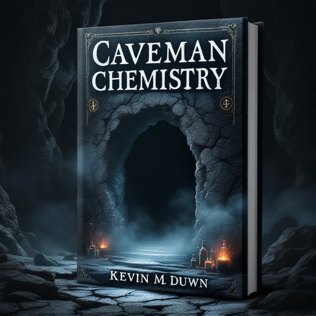 An enigmatic, shadowy cave entrance dominates the center of the cover, shrouded in a smoky fog that hints at moving shapes or creatures within. The periphery features ancient, mystical symbols faintly glowing from the cave walls, adding layers of intrigue. Subtle, shimmering alchemical tools and bottles are scattered near the base of the entrance, representing the chemistry element.