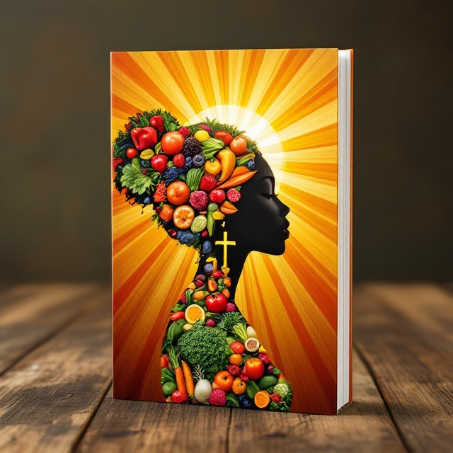 The cover features a striking silhouette of a Black woman, artistically composed of vibrant and colorful healthy foods. Sunrays beam around her, symbolizing enlightenment and happiness, while a Christian cross is subtly faded into the background to convey peace and spiritual grounding. The earthy color palette harmonizes elements, embodying growth and serenity.