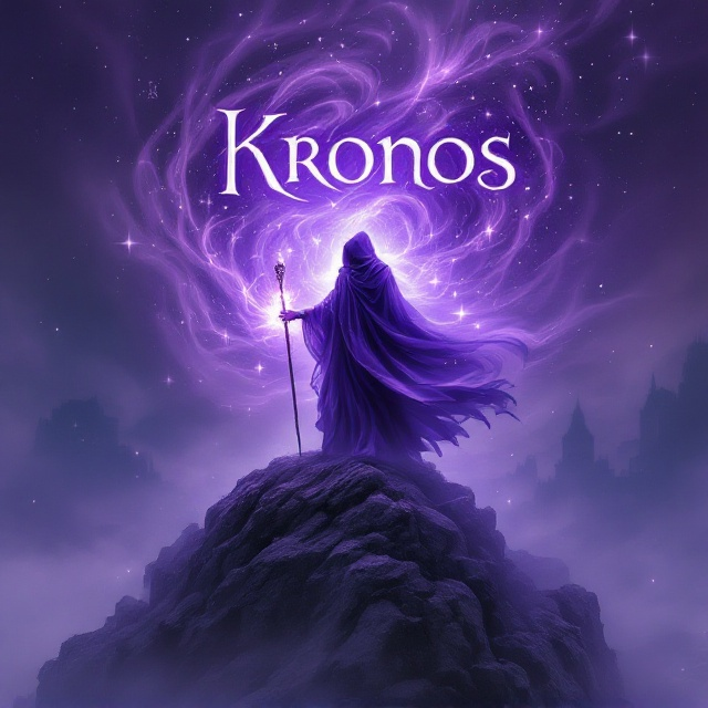 A mysterious, robed wizard standing atop a rocky cliff, with a swirling, purple mist enveloping him. Stars and ancient runes glow faintly in the mist, and a luminous staff in the wizard's hand casts an ethereal light. In the background, the silhouette of an ancient, enchanted city is barely visible through the mist.
