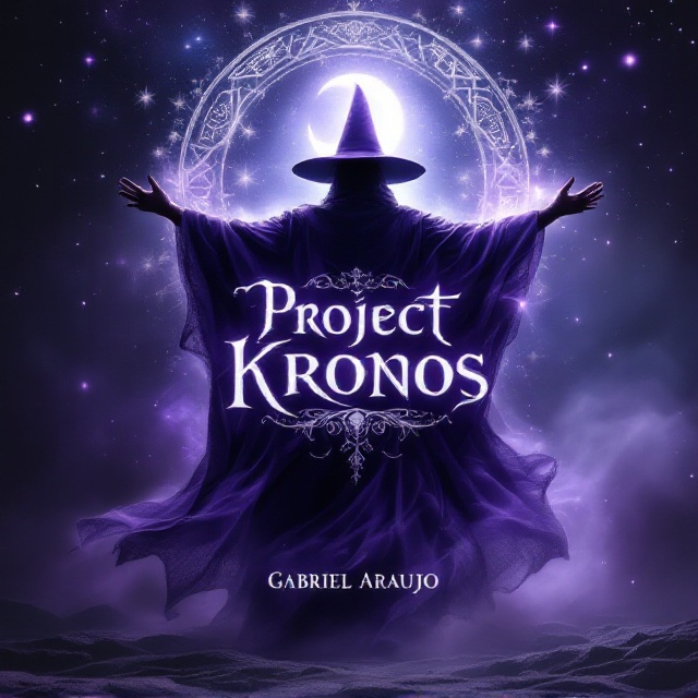 A powerful wizard stands with arms outstretched, summoning mystical forces. His silhouette is bathed in swirling purple and silver mist. In the background, ancient mystical symbols glow faintly, weaving through the air amidst starry constellations. A crescent moon is nestled in the upper corner, casting a gentle sheen over the wizard’s pointed hat.