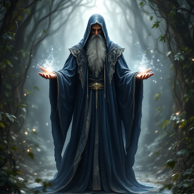 A tall, mysterious wizard stands at the center of the cover, clad in flowing robes that shimmer with silver and blue accents. His hands cast a gentle, glowing light, suggesting a mystical spell at work. In the background, intertwining vines and ethereal mist add depth and mystique, while soft, diffused lighting enhances the magical ambiance.