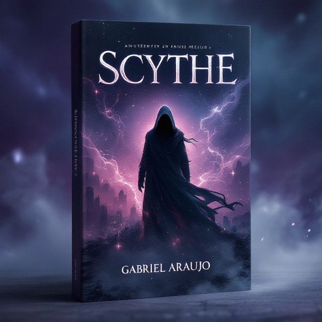 The cover features a solitary figure of a mystical, hooded Scythe in the foreground, shrouded in swirling mist. The background is a gradient of deep purples and dark blues, suggesting a twilight sky. Ethereal sparks of magic hover around the figure, adding a sense of wonder and intrigue.