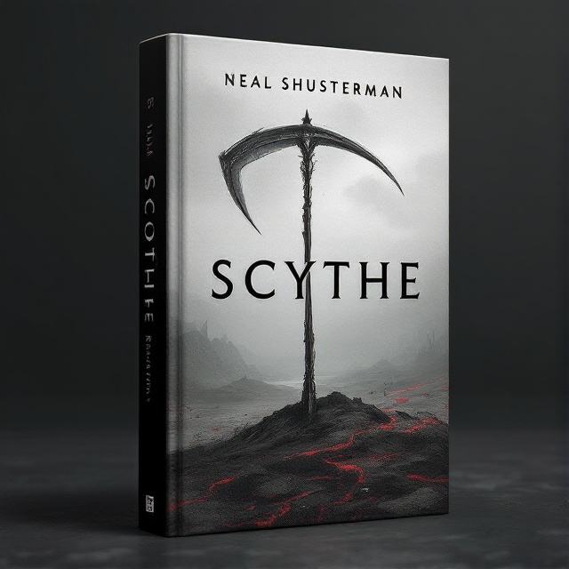 A lone scythe stands prominently in the center of the cover, its metallic sheen contrasting against a muted, desolate landscape background. The color palette utilizes grays and blacks with a subtle hint of deep red to evoke a sense of foreboding and intrigue.