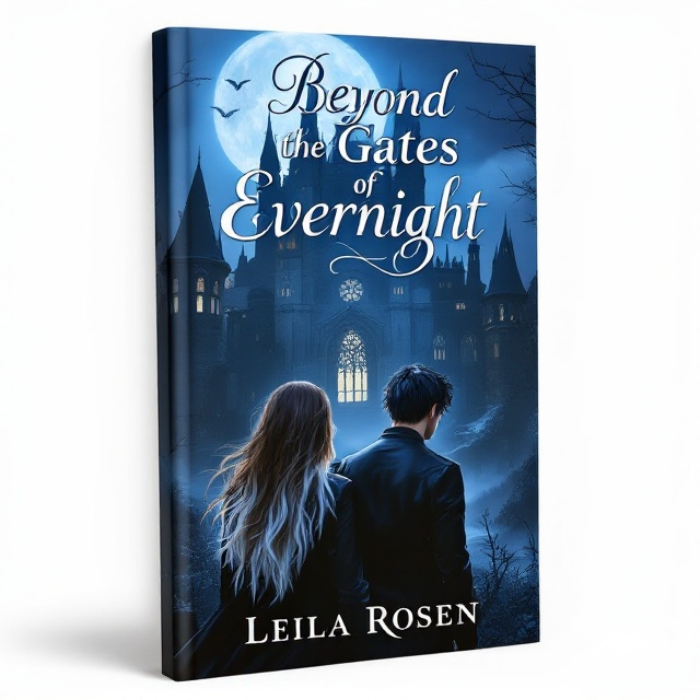 The cover showcases a menacing Gothic academy silhouetted against a twilight sky. The foreground features a girl with long brown hair transitioning to white at the ends, clad in a sleek leather jacket, depicted gazing into the distance. Opposite her stands a guy with striking black hair and piercing blue eyes, his expression torn between love and hate. A moon subtly illuminates the scene, casting an ethereal glow over the academy and creating a sense of intrigue and mystery.