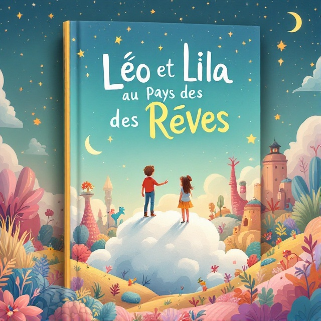 A whimsical illustration featuring Léo and Lila, two adventurous children, standing on a fluffy cloud overlooking a vibrant dreamland with colorful creatures and fantastical landscapes. The sky is filled with twinkling stars and a large crescent moon, exuding a magical atmosphere.