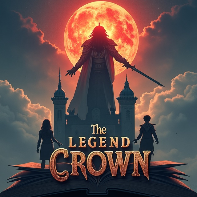 A dynamic and thrilling scene captures a 16-year-old girl at the forefront, brandishing a shimmering sword with determination. Behind her, a boy stands poised, an intricately crafted bow in hand, ready to defend. To their side, a young woman exudes an ethereal glow, hands crackling with magical energy. The backdrop features a majestic castle, silhouetted against a stormy sky. Above them all, a menacing figure of the villain king looms large, clutching a radiant red stone that pulsates ominously.