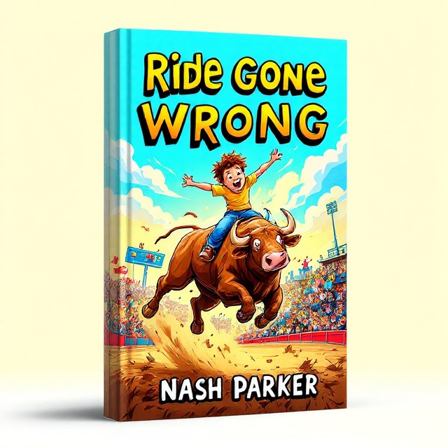 A vibrant and dynamic illustration of a young boy on a bucking bull, with exaggerated expressions of excitement and determination on his face. The bull is energetically leaping amidst a colorful arena full of cheering children. The background features a sunny sky with fluffy clouds, creating a playful and adventurous atmosphere.