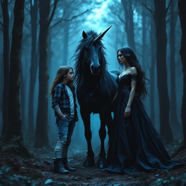 A dramatic depiction of an Appalachian forest forms the background, with tall, shadowy trees creating an enchanted atmosphere. In the foreground, a young girl in jeans, a leg brace, a t-shirt, and a checkered shirt stands poised in a heroic stance beside a dark-haired woman in her 40s, whose elegant but sinister gown flows as if caught in a mystical wind. Between them stands a magnificent, black unicorn, its horn notably broken yet still emanating an aura of power and mystery. The unicorn's glossy mane ripples, creating a dynamic flow along the lines of the characters. The entire scene is washed in deep shades of dark blue, adding drama and mystique.