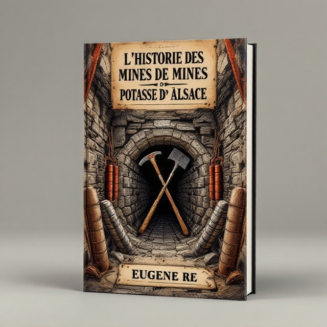 The cover features an intricately detailed illustration of a historic mining shaft (chevalement de mines) prominently in the foreground, framed by subtle, vintage textures to evoke an antique feel. Located at the center is a crossed arrangement of mining tools—a pickaxe and shovel—sitting symmetrically beneath the shaft. Dynamite sticks are depicted subtly in the background, adding depth and context to the mining theme. The color palette includes earthy tones, such as deep browns and charcoal grays, with touches of rusty reds to Capture the essence of the earth and the history within it.
