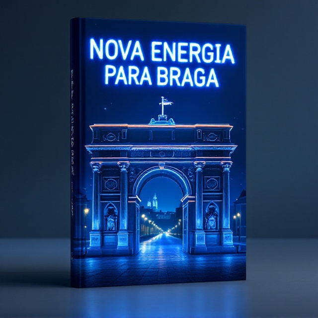 The cover features the title 'NOVA ENERGIA PARA BRAGA' in bold, glowing neon cyan letters across the top half, radiating an electrifying glow that reflects the city's vibrant energy. The central focus is on a detailed image of the Arco da Porta Nova, bathed in soft, ethereal light against a deep, dark blue night sky. Traditional Braga squares and buildings subtly shadow the lower background, seamlessly blending into a skyline silhouette. The overall style is sleek and contemporary, creating a suspenseful yet inviting atmosphere.