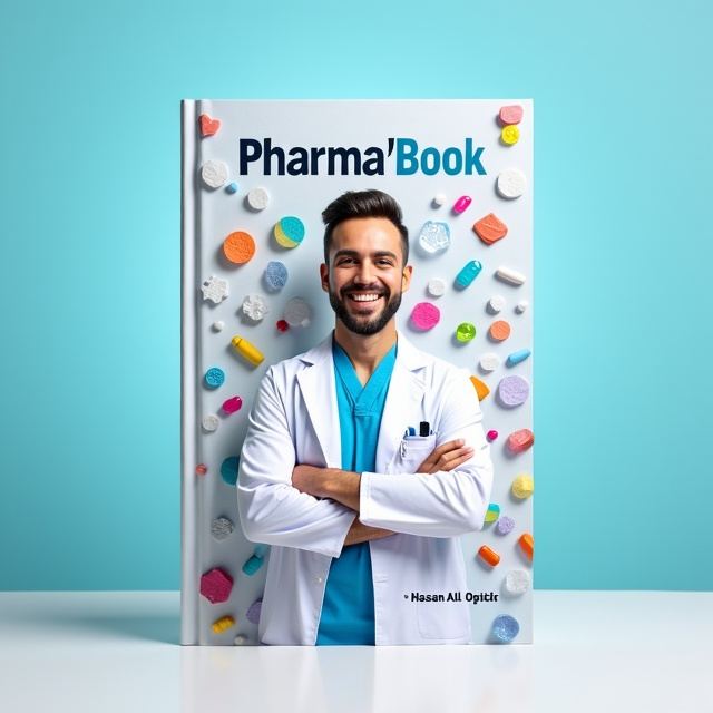 A cheerful pharmacist in a lab coat stands prominently on the cover, surrounded by colorful pharmaceutical pills and capsules, forming a semi-circle around him. The background is a soft gradient of blue and white, evoking a clean, clinical feel, while subtly suggesting a bright, hopeful future in medicine. There's a playful, slightly whimsical element to his smile that captures joy and nostalgia.