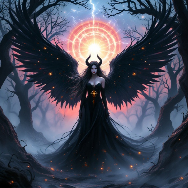 Princess Ruko stands majestically at the center of the cover, her stardust-dusted skin glowing ethereally under the twilight sky. Her sharp black horns contrast against her flowing midnight hair, streaked with silver. Her gothic-style black dress, embellished with delicate golden sigils, adds elegance. Her large, partially spread wings of black and crimson create an aura of power. Behind her, the sky is dominated by the radiant Rift, crackling with energy, revealing hints of broken angel wings and dark smoky necro-demons. The twisted trees of Vespera, with their blackened, knotted branches, encircle the scene. The swirling mist at the ground level envelops the area in a haunting embrace, with wisps of spirits adding surreal beauty.