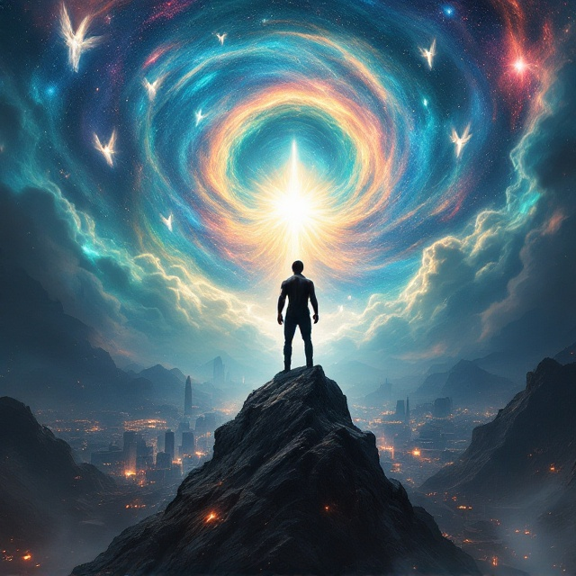 Dominating the cover is an athletic black man standing heroically atop a rugged mountain. Below, a sprawling dystopian cityscape is enveloped in shadows and industrial chaos. Above, a cosmic scene unfolds—a vivid depiction of the Milky Way Galaxy with vibrant swirls of blue, green, and red hues. The sky opens up, and angels are descending toward Earth in a luminous cascade.
