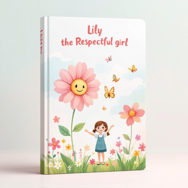 A vibrant illustration featuring a large, cheerful flower with a smiling face in the center, surrounded by smaller flowers and playful butterflies. Lily, a cute cartoon girl with a friendly smile, is standing next to the large flower, extending her hand respectfully. The background is a soft pastel sky with fluffy clouds, creating an inviting and whimsical atmosphere.